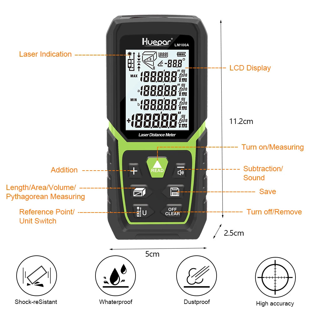 Huepar Laser Rangefinder 330ft Backlit LCD Angle Sensor