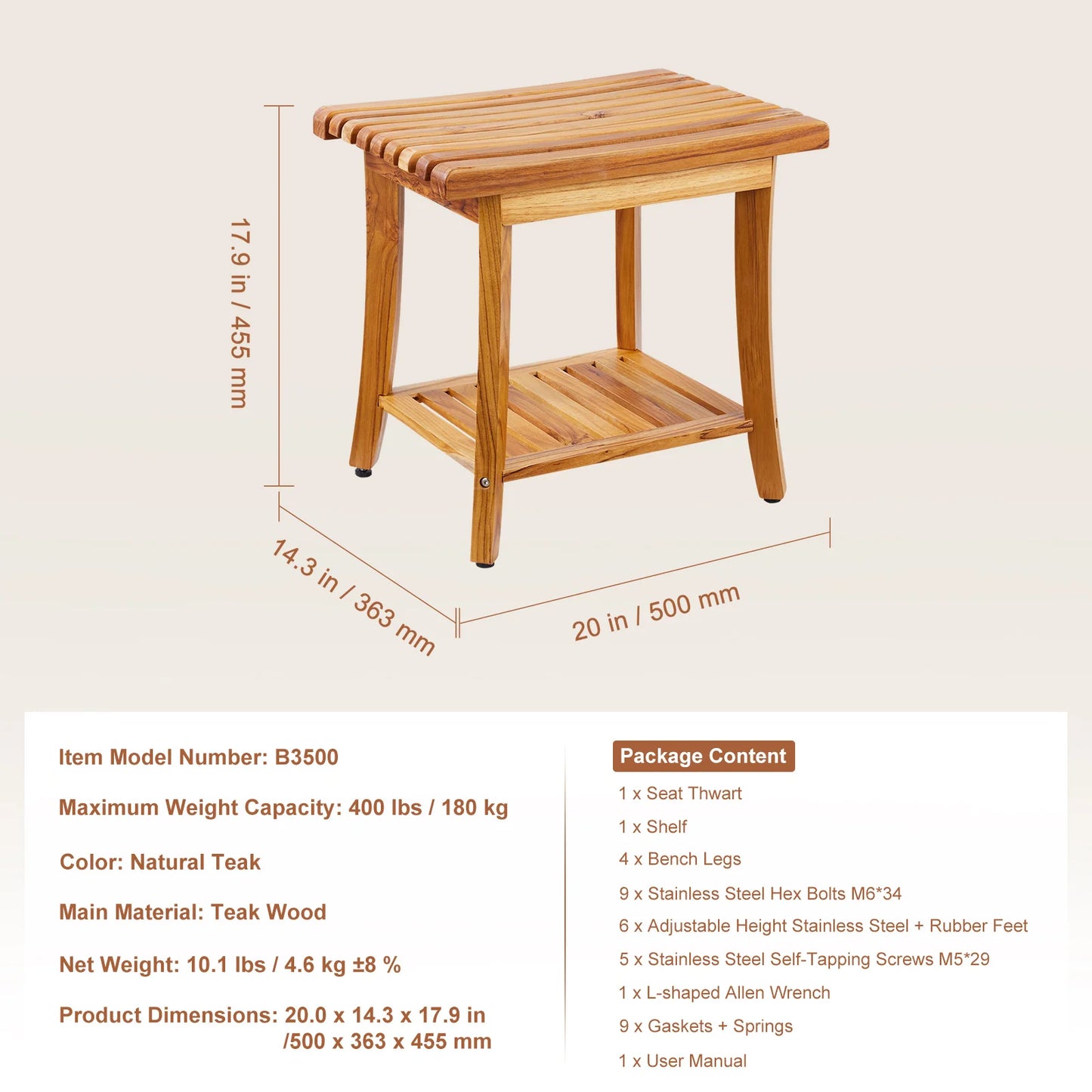 SucceBuy Bamboo Shower Bench 19.1x11.3x18.3 in Waterproof Shower Stool Chair with Storage Shelf 330lbs Load Capacity Spa Seat
