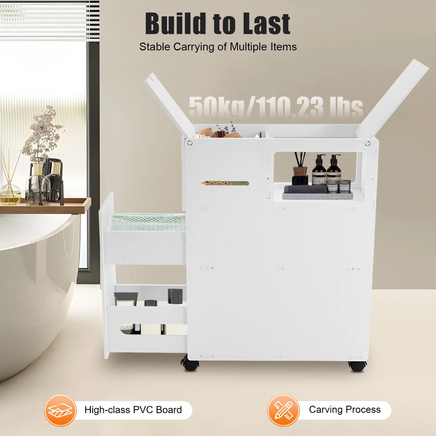 White Narrow Bathroom Storage Cabinet, Modern PVC Floor Standing Cabinet W/ Drawers, Carved Rectangular Side Cabinet for Toilet