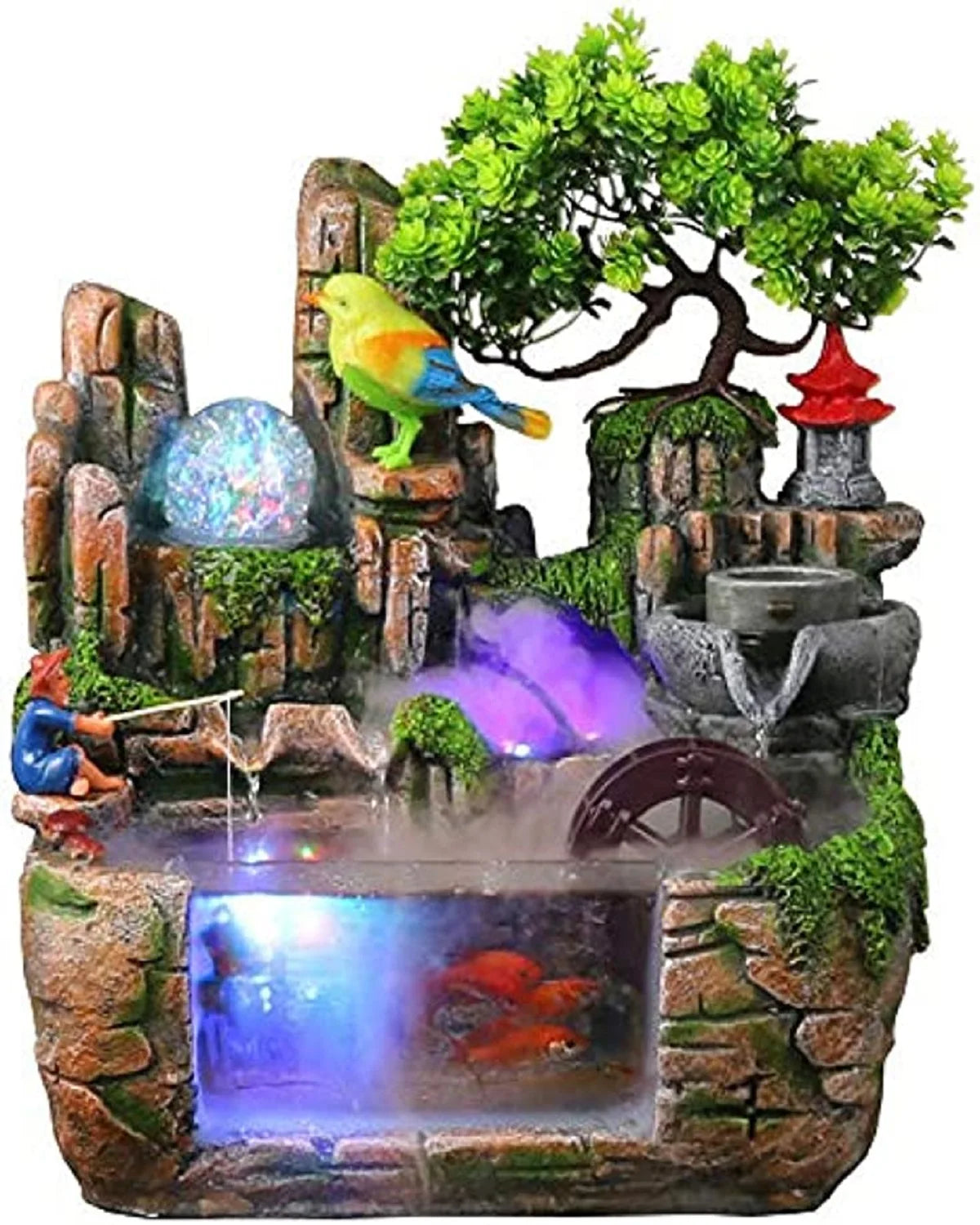 Desktop Fountain Waterfall with Rockery Indoor Relaxation Tabletop Resin Ornament and Light Bird Fisherman for Home