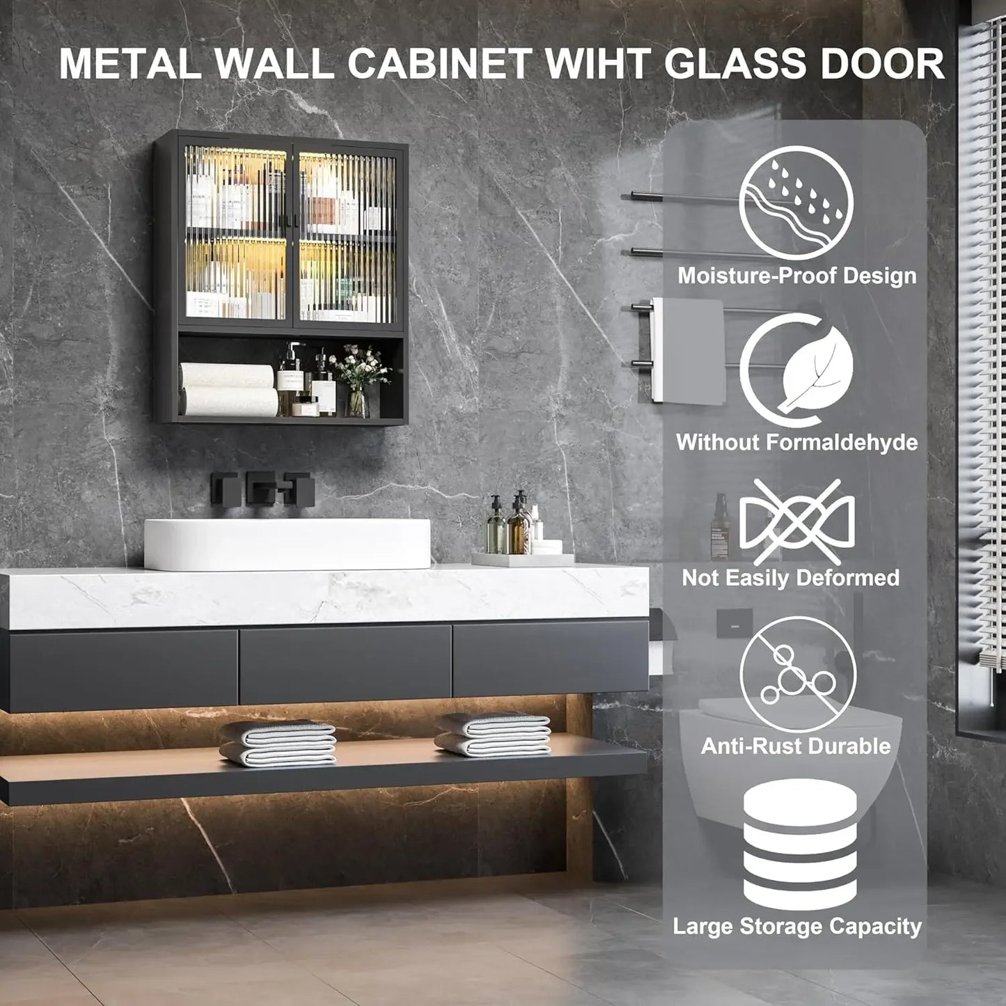 Bathroom Cabinet Wall Mount,Metal Medicine Cabinets with Glass Doors and LED Light,Wall Cabinet Over The Toilet,