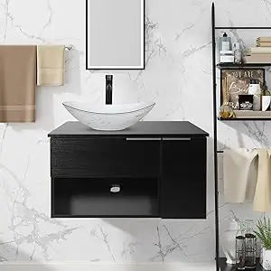 28 Inch Black Floating Bathroom Vanity with 1-Door and 1-Drawer, Modern Wall Mounted Cabinet with Blue Boat Vessel Sink Top