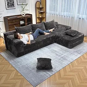 104 Inch Modern Modular L Shape Sofa Couch with Chaise Black Faux Rabbit Fur Cloud Sectional Couch