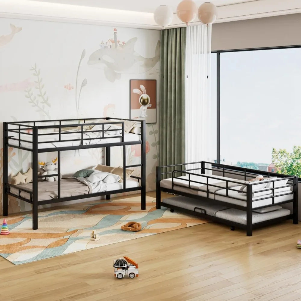Twin Size Heavy Duty Triple Bunk Bed with Trundle and Ladder, Guardrails for Kids, Adults, Teens, Bedroom, No Box Spring Needed,