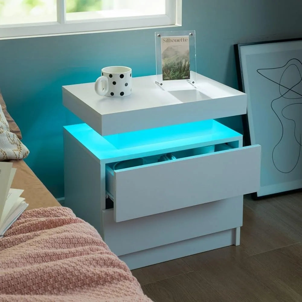 Nightstand Set of 2 LED Nightstand with 2 Drawers,Night Stand Set 2 with LED Light,Bedside Table with Drawers for Bedroom