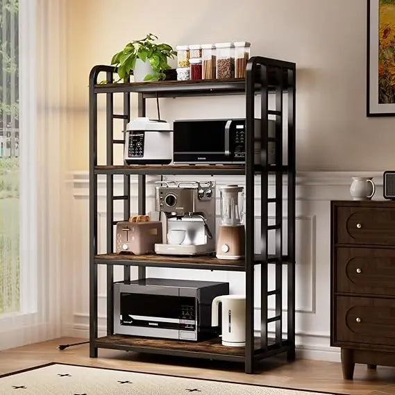 Rustic Brown Bakers Rack With Black Frame And Power Outlet