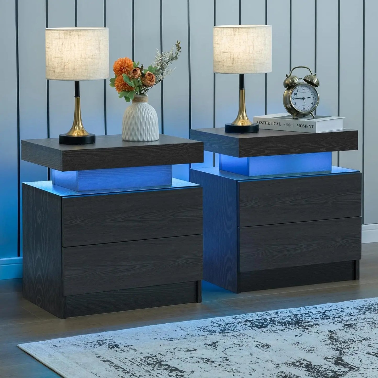 Nightstand Set of 2 LED Nightstand with 2 Drawers,Night Stand Set 2 with LED Light,Bedside Table with Drawers for Bedroom