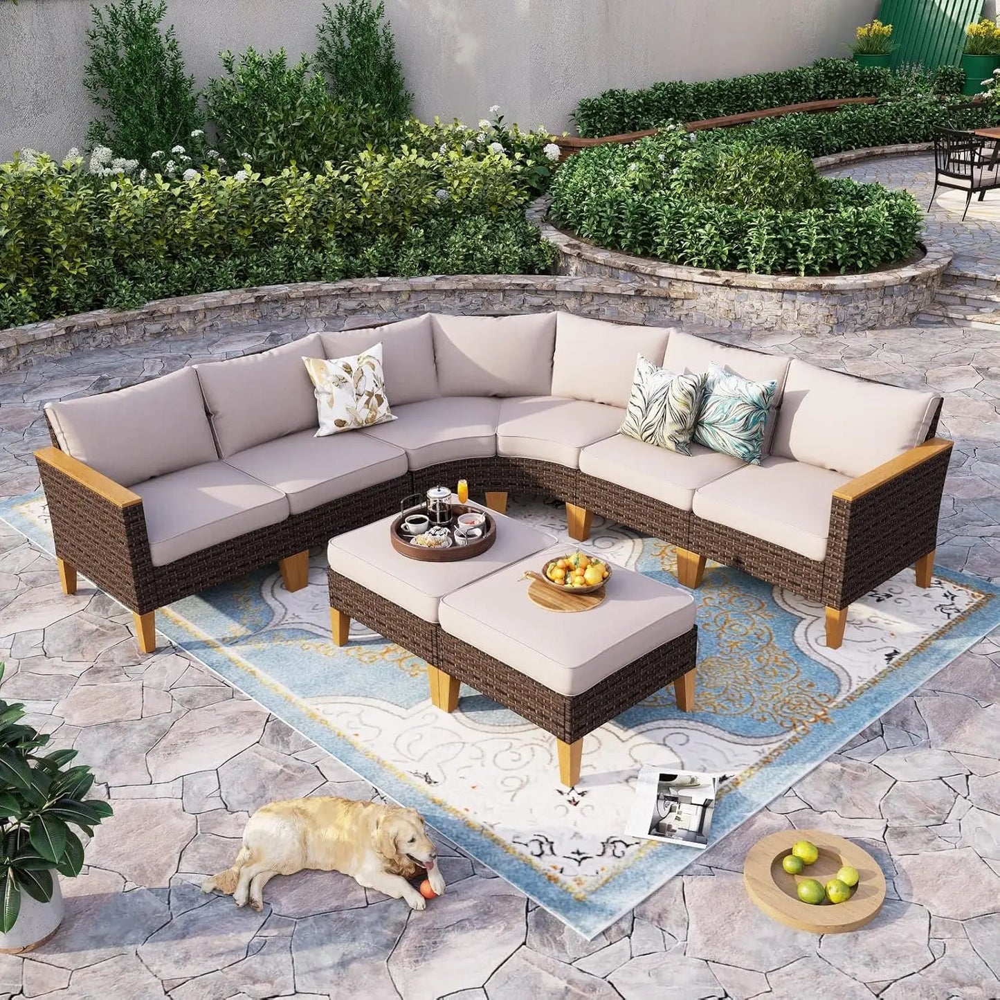 12 Piece Curved Outdoor Sectional Sofa Set Rattan Patio Conversation Set with 4 x Curved Sofa,2X Armless Sofa, 2 x Ottoman,Beige