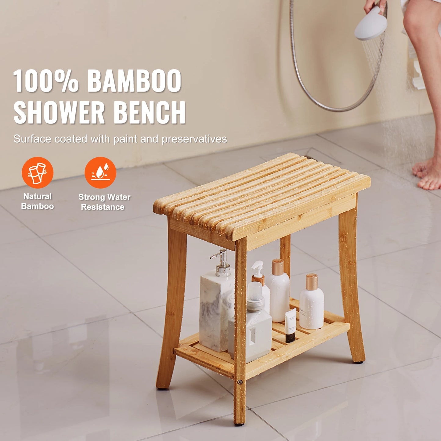 SucceBuy Bamboo Shower Bench 19.1x11.3x18.3 in Waterproof Shower Stool Chair with Storage Shelf 330lbs Load Capacity Spa Seat