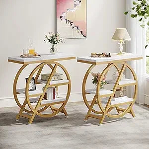 End Table Set of 2, 3-Tier Narrow Sofa Side Table with Storage for Living Room, Wood End Table with Geometric Metal Frame, Indu