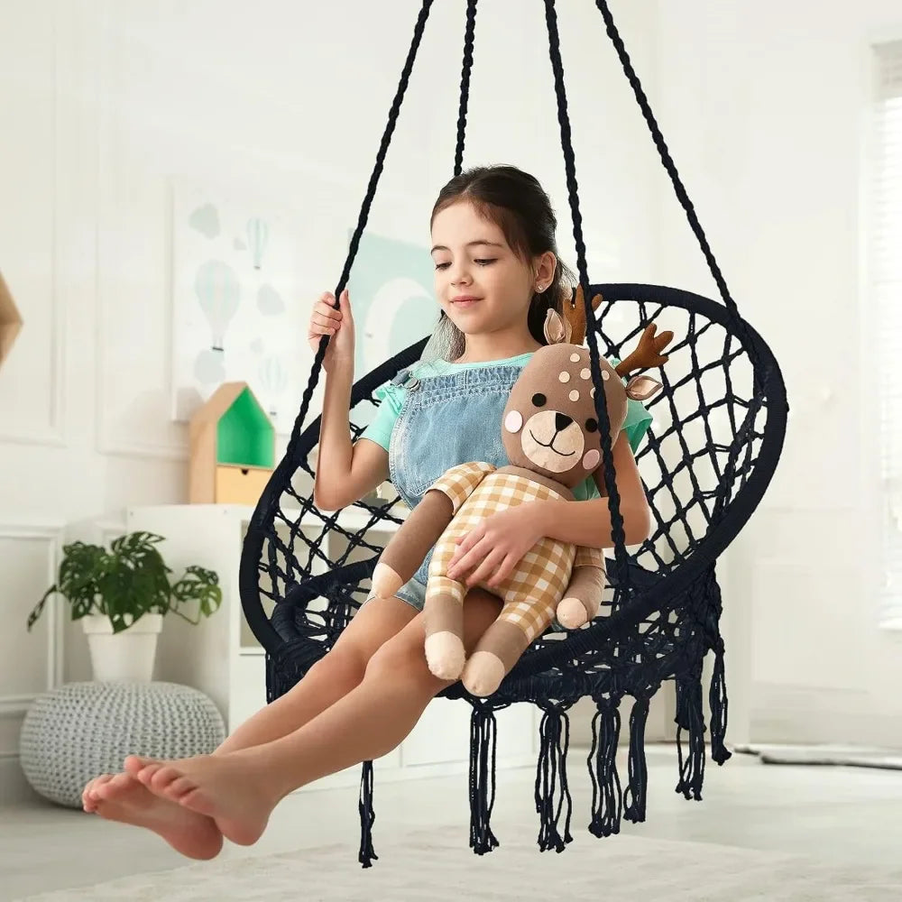 Hammock Chair Macrame Swing Set of Bohemian Style Hammock Swing Chair with Tassels Hanging Swing Chair Handmade Knitted Cotton