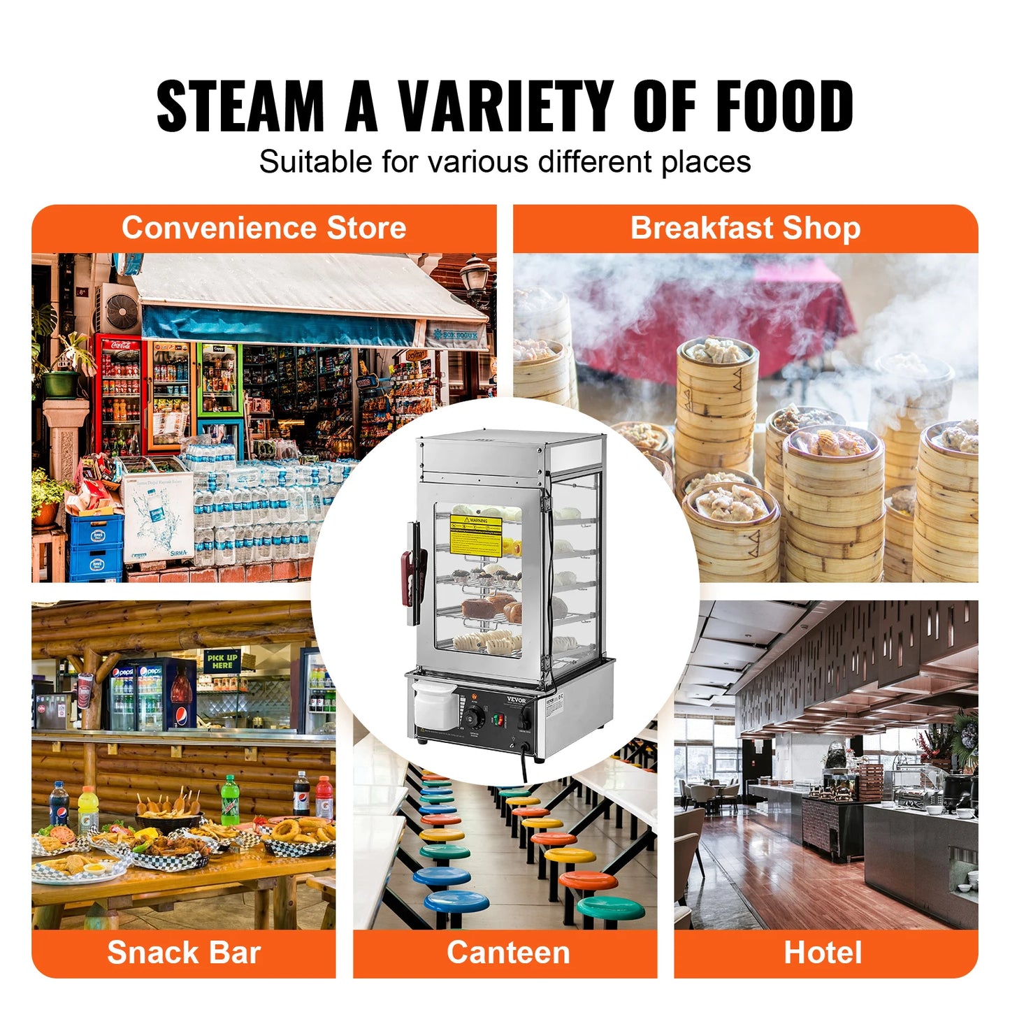 SucceBuy Commercial Food Warmer Display Food Steamer Bun Warmer Machine Temperature Control Stainless Steel Steamed Buns Warmer