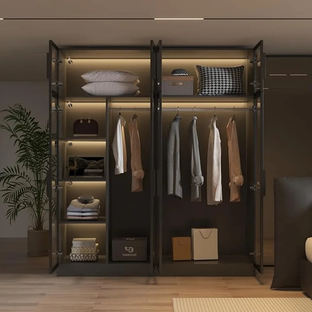 Wardrobe Cabinet with LED Light Strips, Modern Armoire Closet with Glass Doors, 59.1" W Large Bedroom Armoire Clothes Organizer