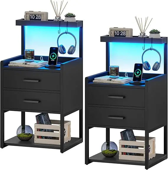 LED Nightstand Set of 2 with Charging Station, 2 Drawers Night Stand with LED Lights for Bedroom, 2 USB Ports, 2 Power Outlets,