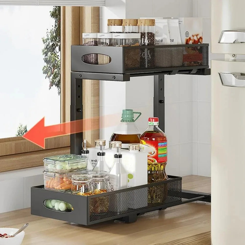 HiMISSH Two Tier Under Sink Organizer With Sliding Drawer