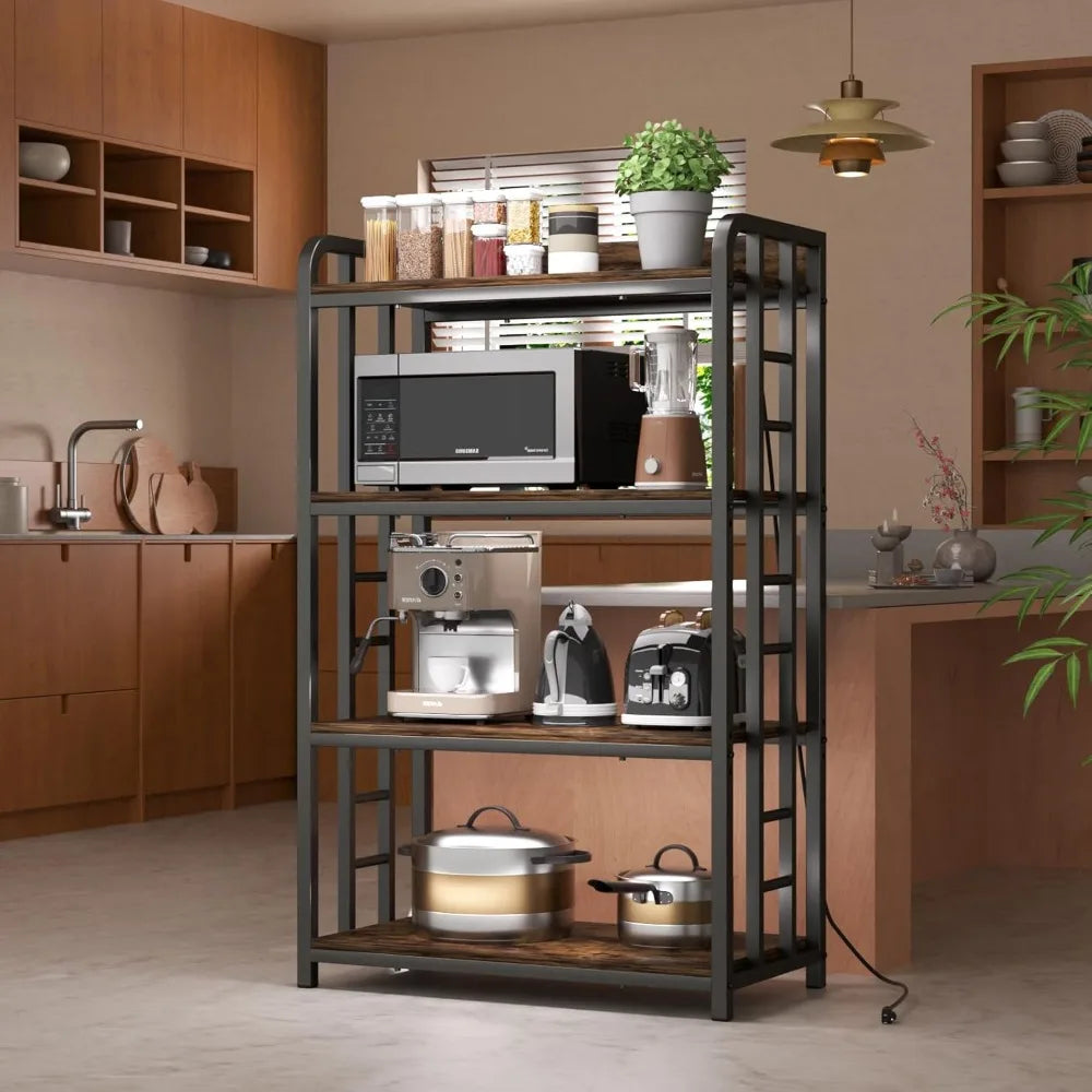 Rustic Brown Bakers Rack With Black Frame And Power Outlet