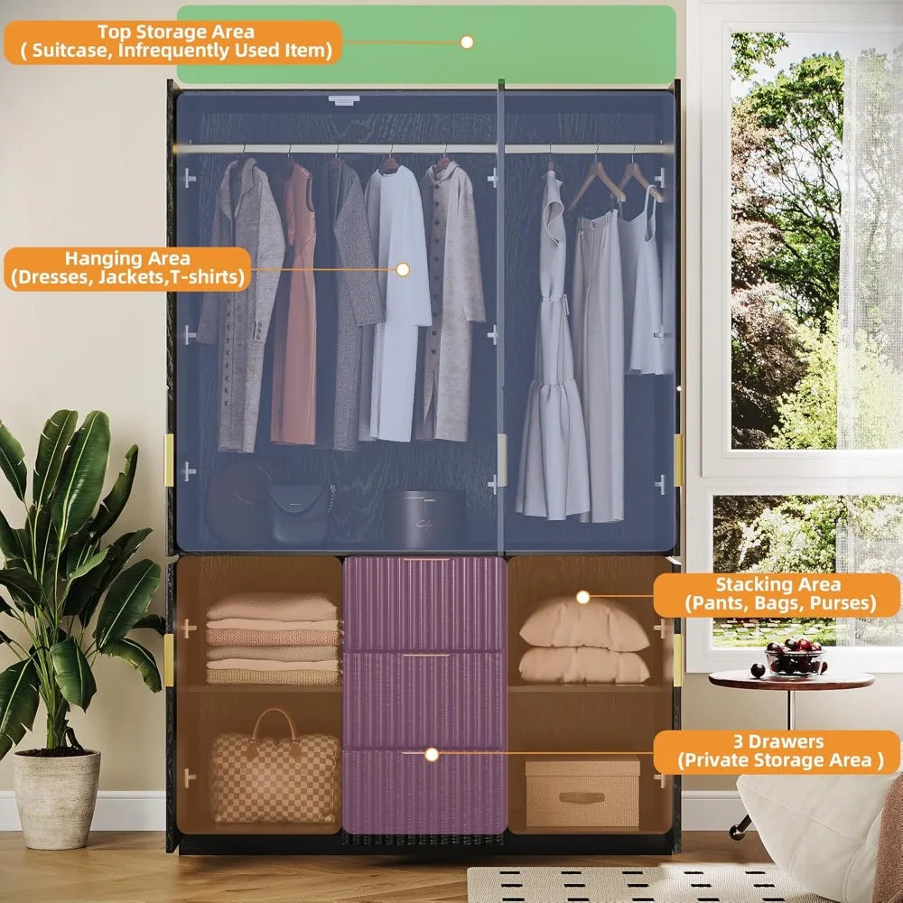 71" Wardrobe Armoire Wooden Closet with 3 Doors 3 Drawer and 2 Cabinet, Bedroom Armoire with Hanging Rod Shelf, Modern Wooden Be
