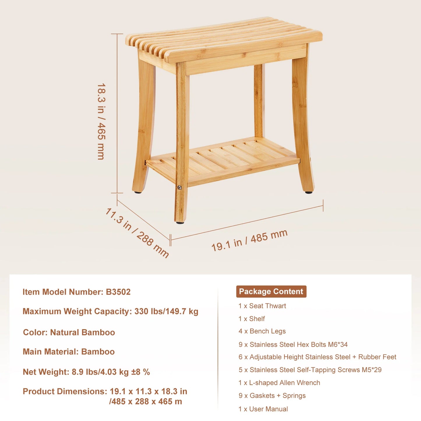 SucceBuy Bamboo Shower Bench 19.1x11.3x18.3 in Waterproof Shower Stool Chair with Storage Shelf 330lbs Load Capacity Spa Seat