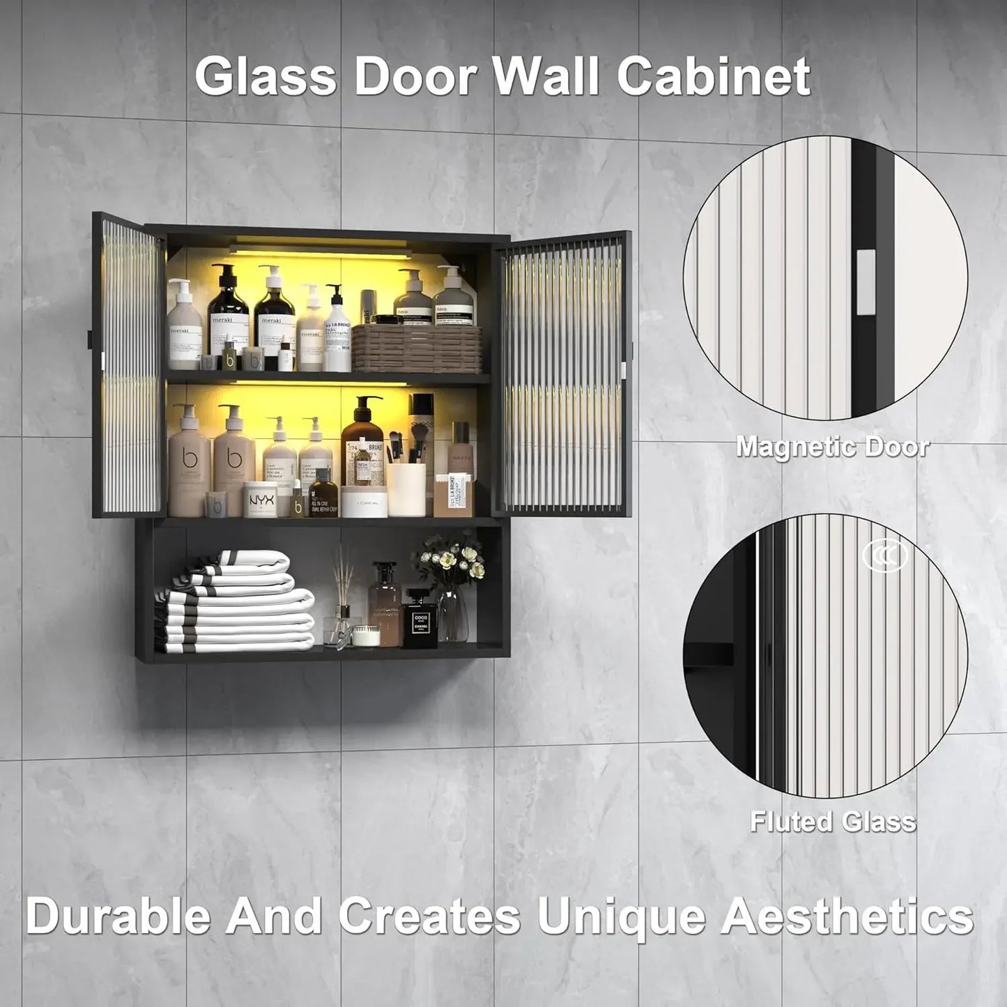 Bathroom Cabinet Wall Mount,Metal Medicine Cabinets with Glass Doors and LED Light,Wall Cabinet Over The Toilet,