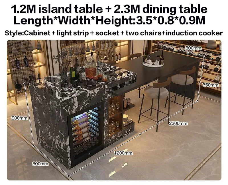 Luxury Marble Kitchen Island Set with Dining Table, Wine Refrigerator, LED Lights, 2-Layer Storage & Artistic Sculpture Base