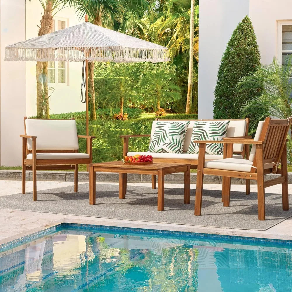 Patio Furniture Acacia Wood Sofa Set With Table And Cushions