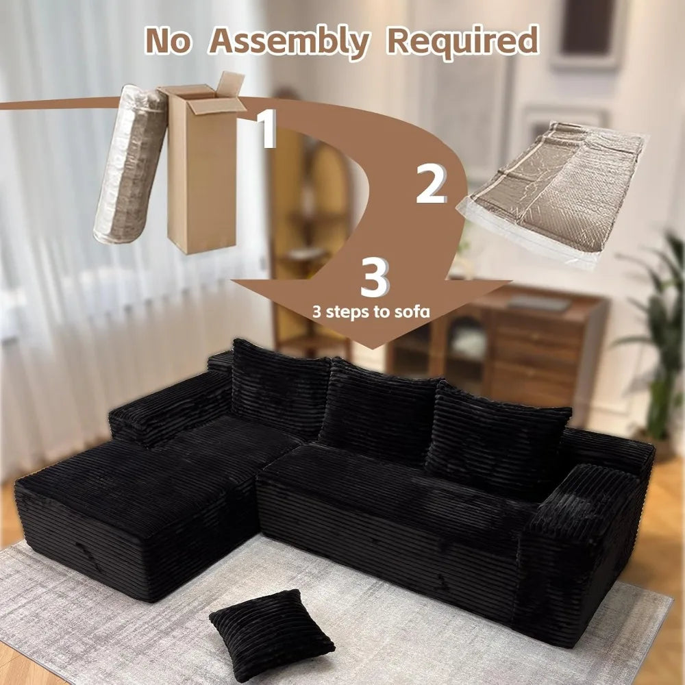 104 Inch Modern Modular L Shape Sofa Couch with Chaise Black Faux Rabbit Fur Cloud Sectional Couch