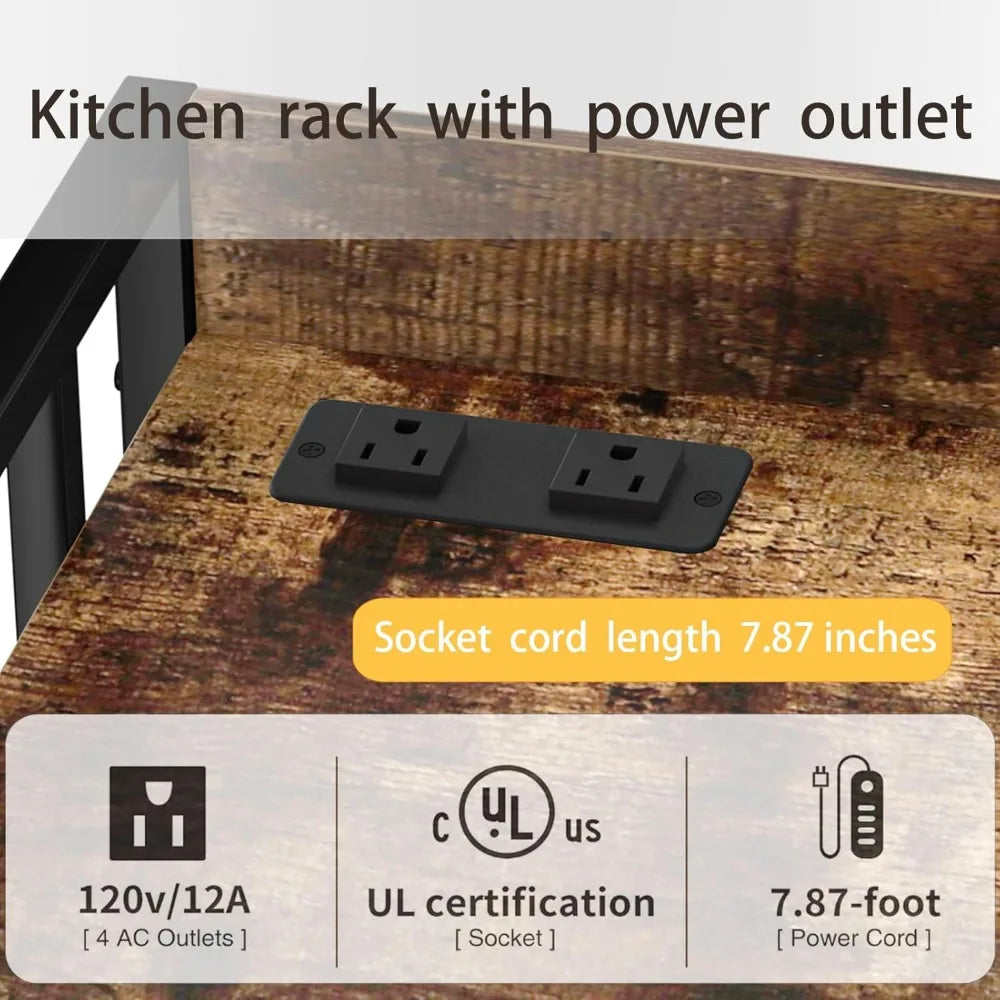 Rustic Brown Bakers Rack With Black Frame And Power Outlet