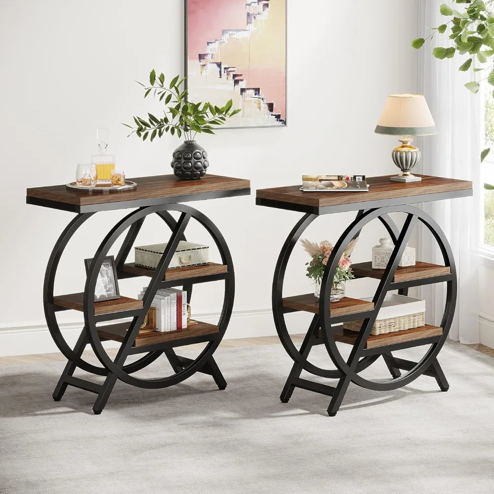 End Table Set of 2, 3-Tier Narrow Sofa Side Table with Storage for Living Room, Wood End Table with Geometric Metal Frame, Indu