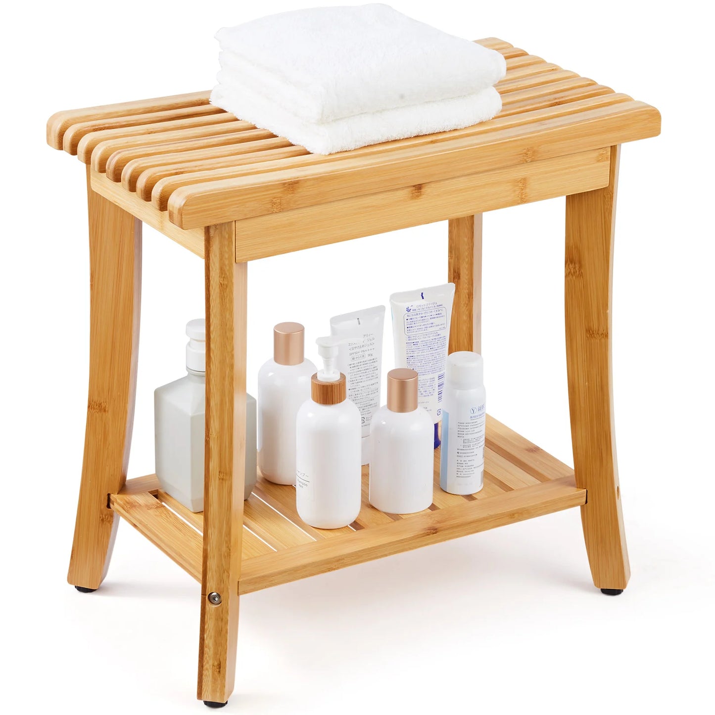 SucceBuy Bamboo Shower Bench 19.1x11.3x18.3 in Waterproof Shower Stool Chair with Storage Shelf 330lbs Load Capacity Spa Seat