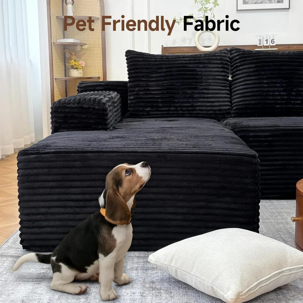 104 Inch Modern Modular L Shape Sofa Couch with Chaise Black Faux Rabbit Fur Cloud Sectional Couch