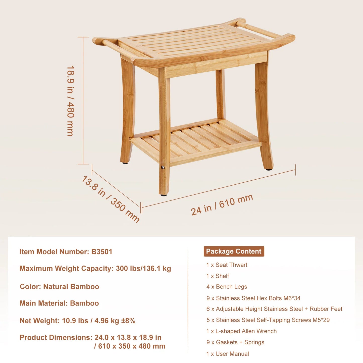 SucceBuy Bamboo Shower Bench 19.1x11.3x18.3 in Waterproof Shower Stool Chair with Storage Shelf 330lbs Load Capacity Spa Seat