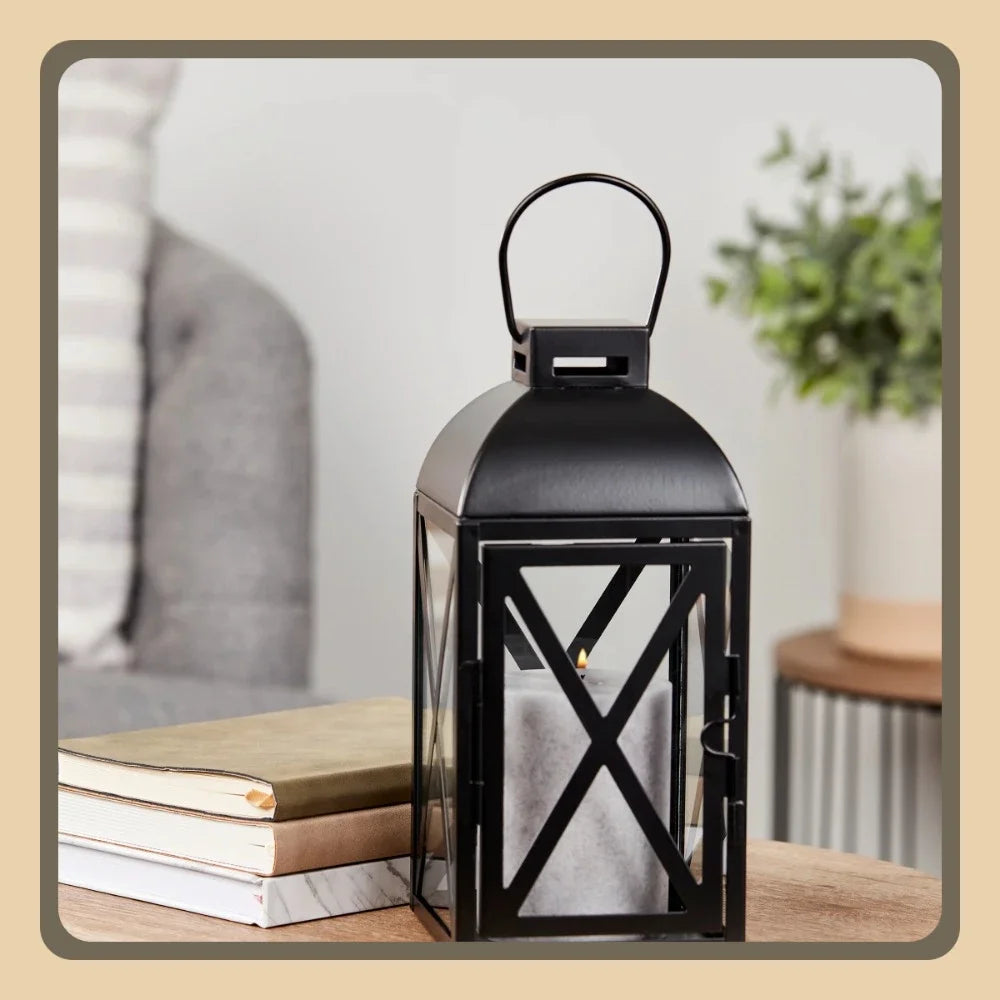2 Pack Decorative Black Metal Pillar Candleholder Lantern 10 Inch Small
