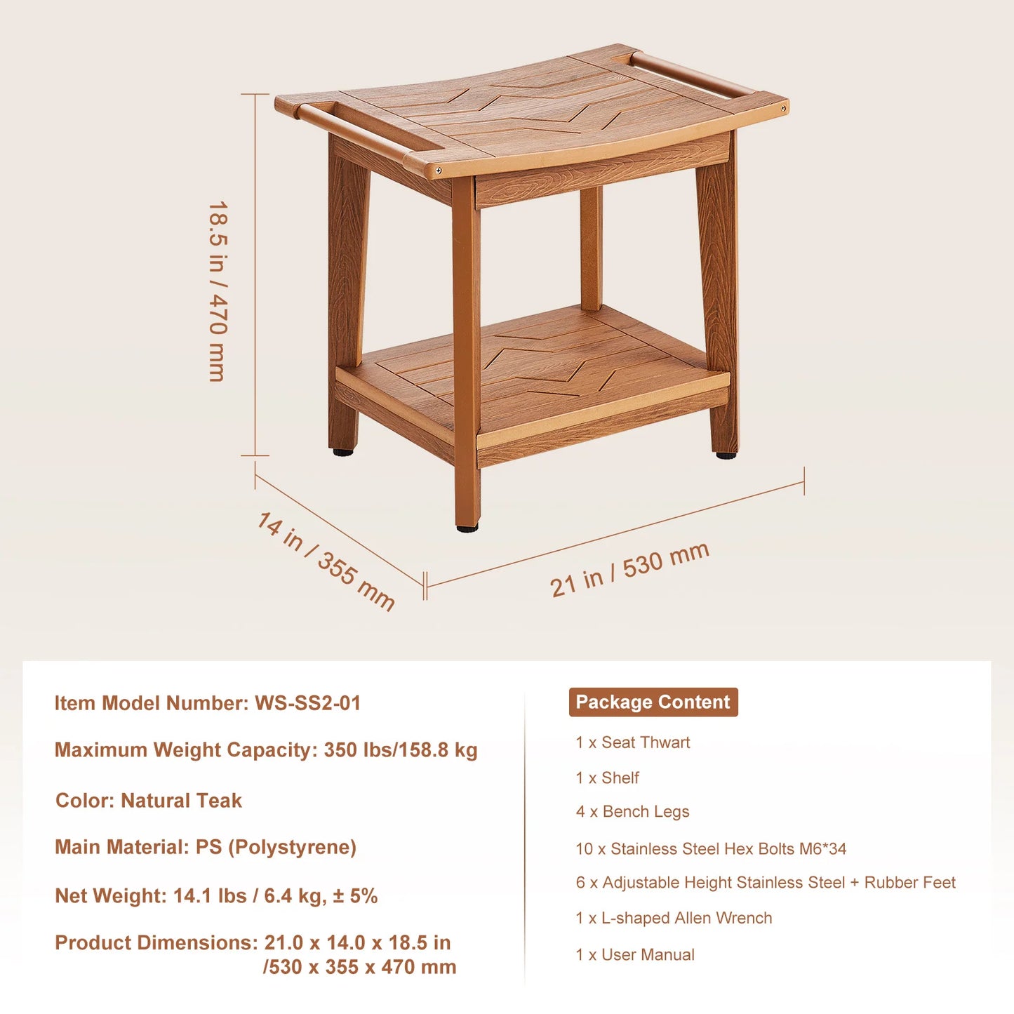 SucceBuy Bamboo Shower Bench 19.1x11.3x18.3 in Waterproof Shower Stool Chair with Storage Shelf 330lbs Load Capacity Spa Seat