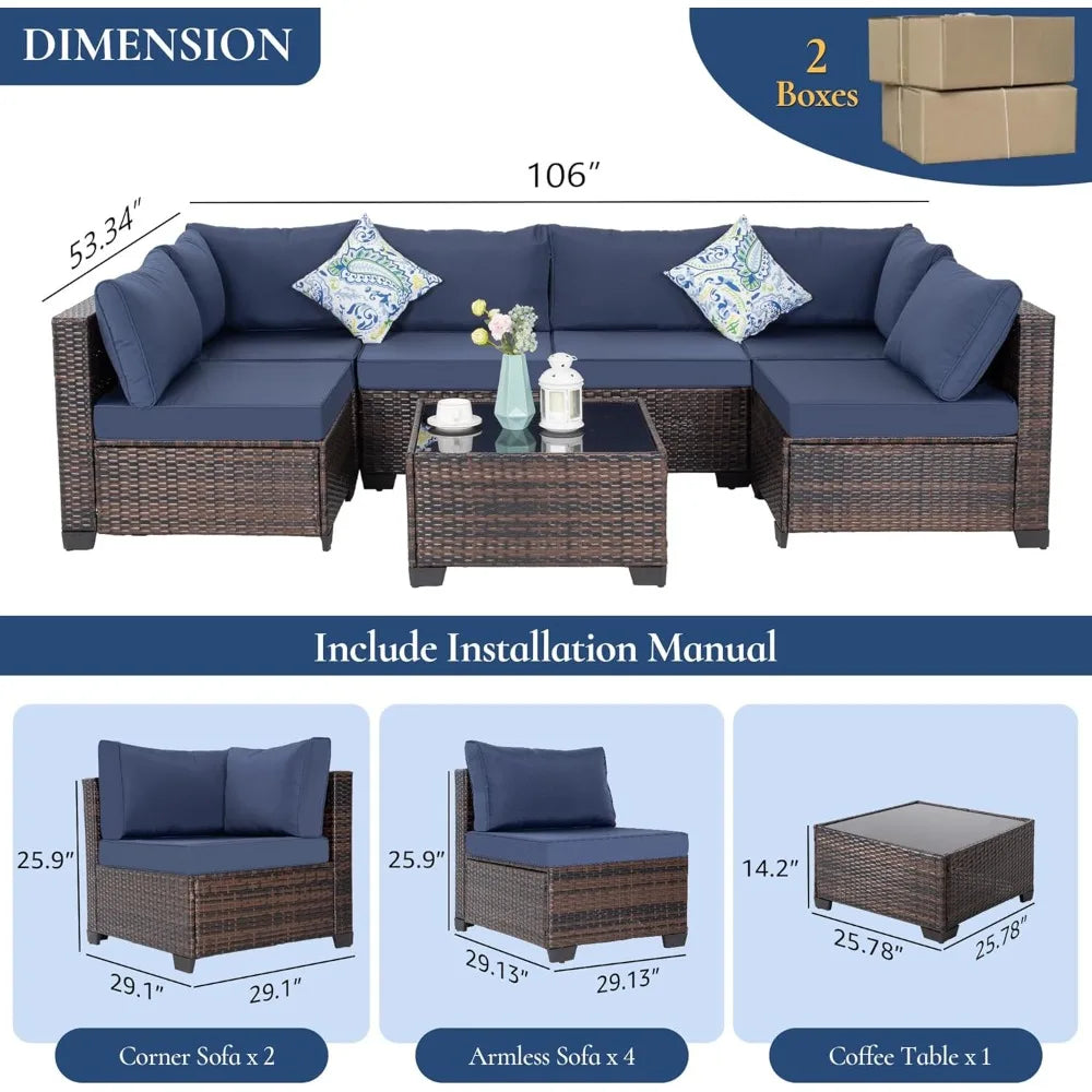 "7-Piece Outdoor Patio Furniture Set, Wicker Sectional Sofa with Rattan Modular Design – Comfortable Cushioned Conversation Set