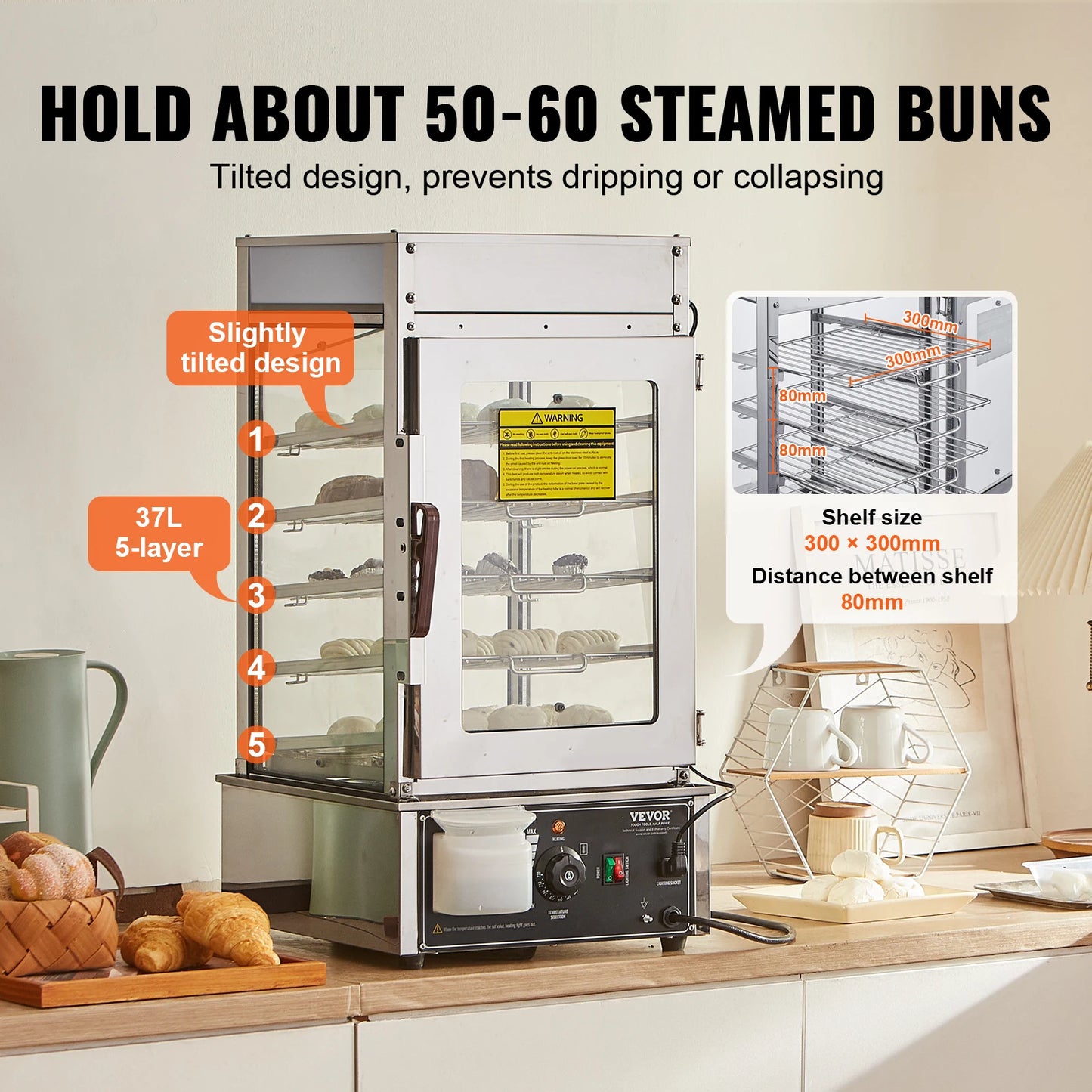 SucceBuy Commercial Food Warmer Display Food Steamer Bun Warmer Machine Temperature Control Stainless Steel Steamed Buns Warmer