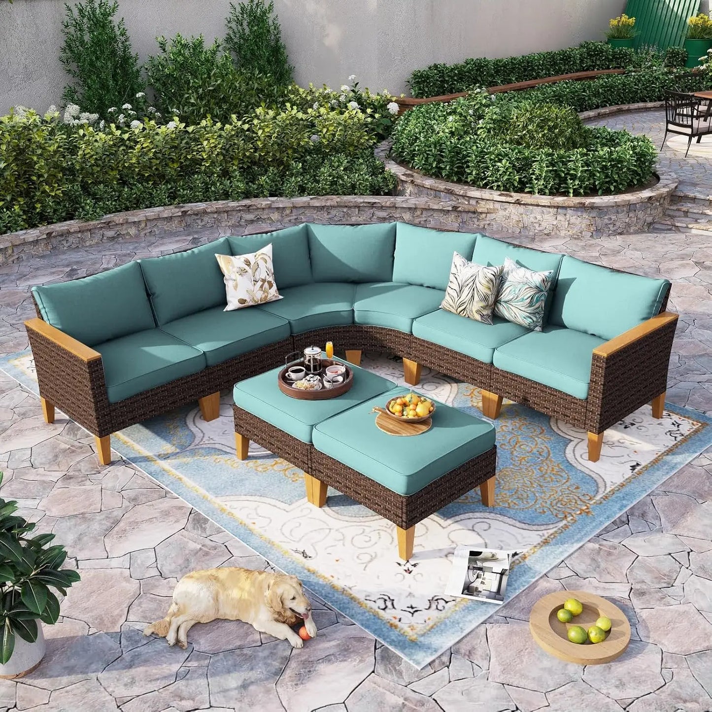 12 Piece Curved Outdoor Sectional Sofa Set Rattan Patio Conversation Set with 4 x Curved Sofa,2X Armless Sofa, 2 x Ottoman,Beige