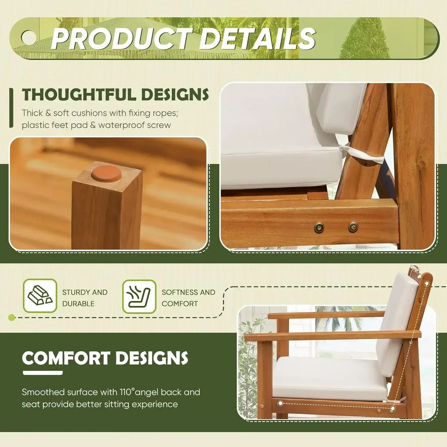 XMSJH Outdoor Acacia Wood Patio Conversation Set For Deck