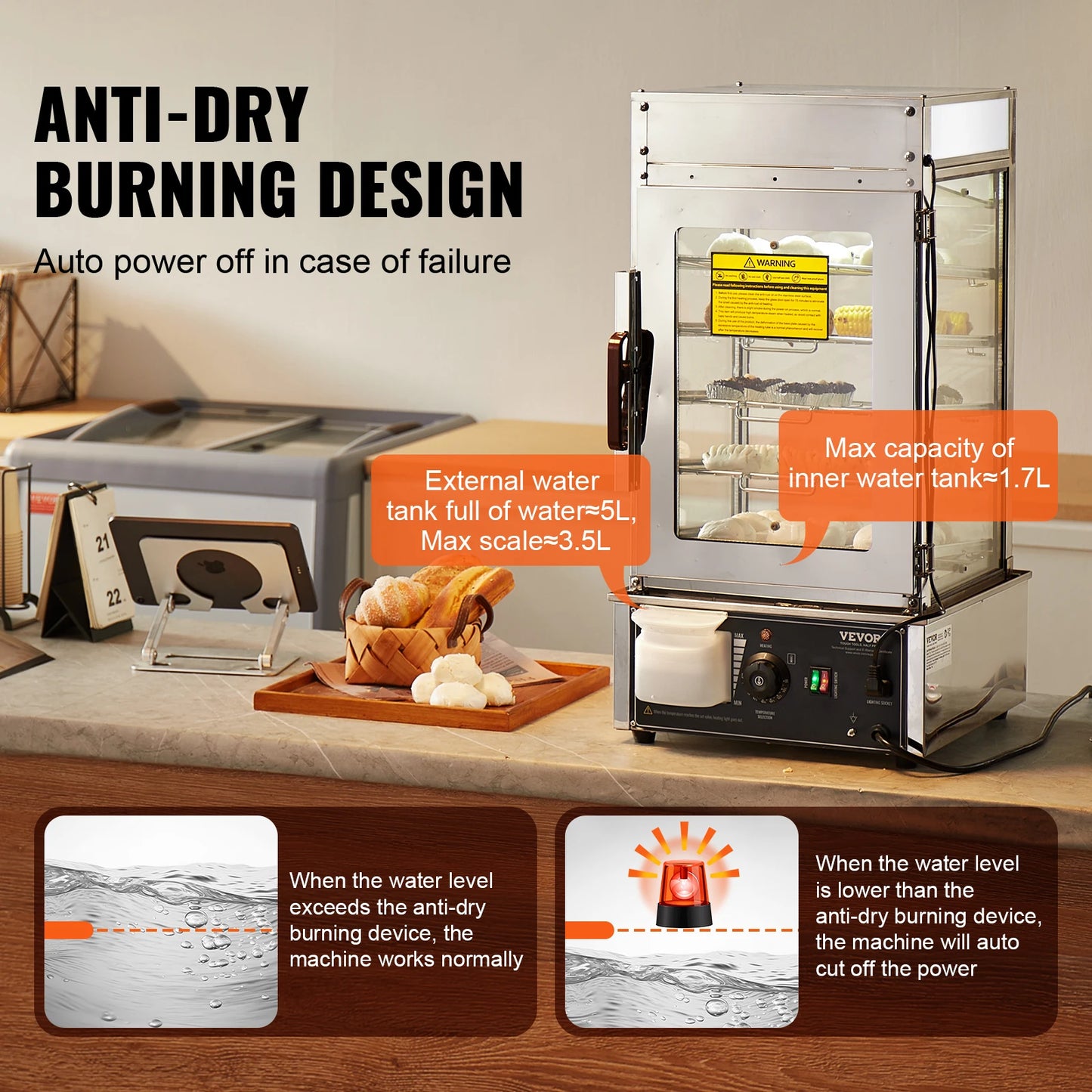 SucceBuy Commercial Food Warmer Display Food Steamer Bun Warmer Machine Temperature Control Stainless Steel Steamed Buns Warmer