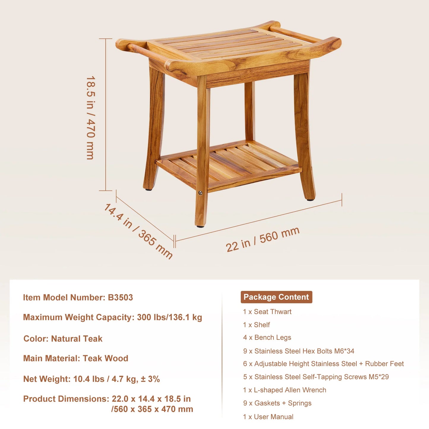 SucceBuy Bamboo Shower Bench 19.1x11.3x18.3 in Waterproof Shower Stool Chair with Storage Shelf 330lbs Load Capacity Spa Seat