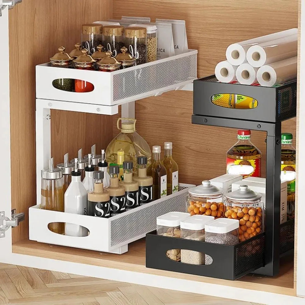 HiMISSH Two Tier Under Sink Organizer With Sliding Drawer
