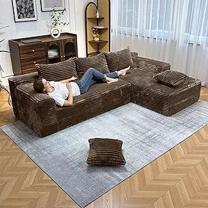 104 Inch Modern Modular L Shape Sofa Couch with Chaise Black Faux Rabbit Fur Cloud Sectional Couch