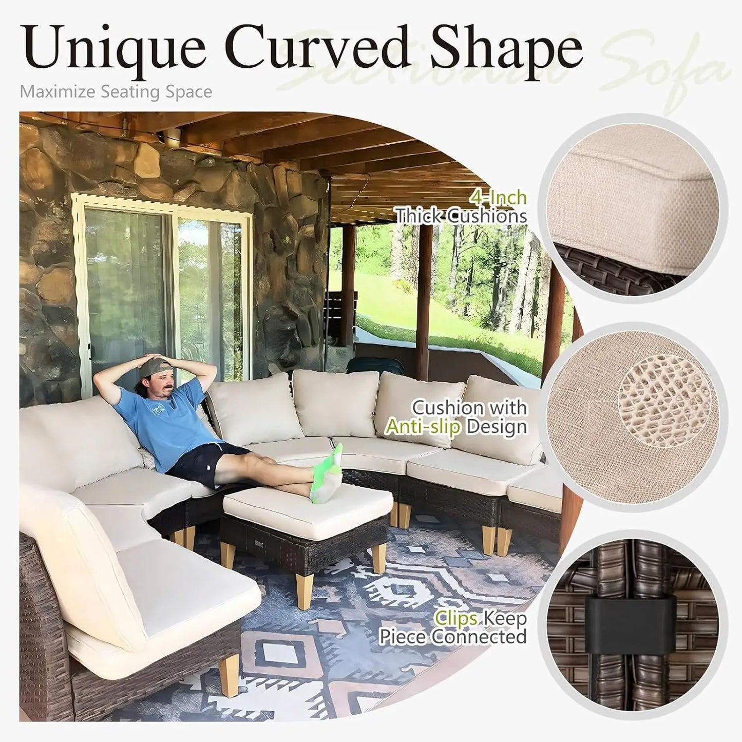 12 Piece Curved Outdoor Sectional Sofa Set Rattan Patio Conversation Set with 4 x Curved Sofa,2X Armless Sofa, 2 x Ottoman,Beige