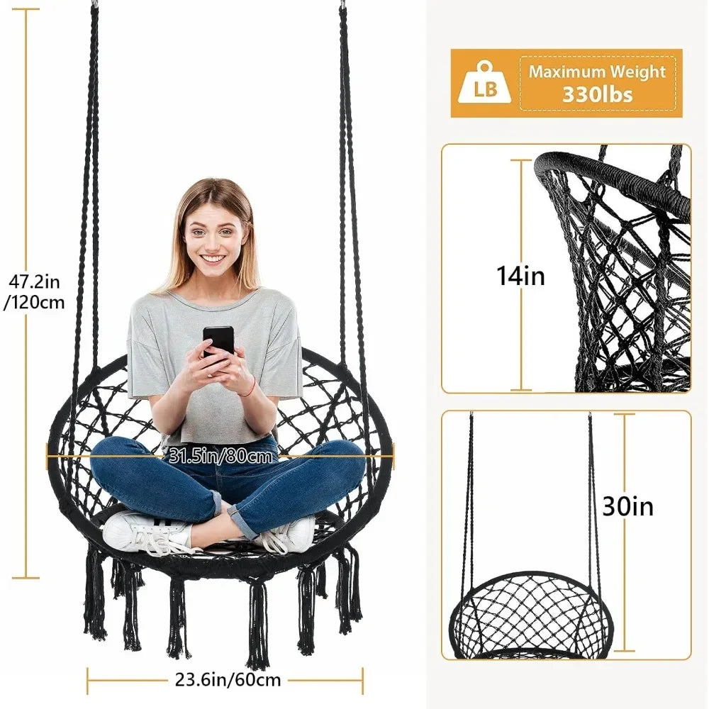 Hammock Chair Macrame Swing Set of Bohemian Style Hammock Swing Chair with Tassels Hanging Swing Chair Handmade Knitted Cotton