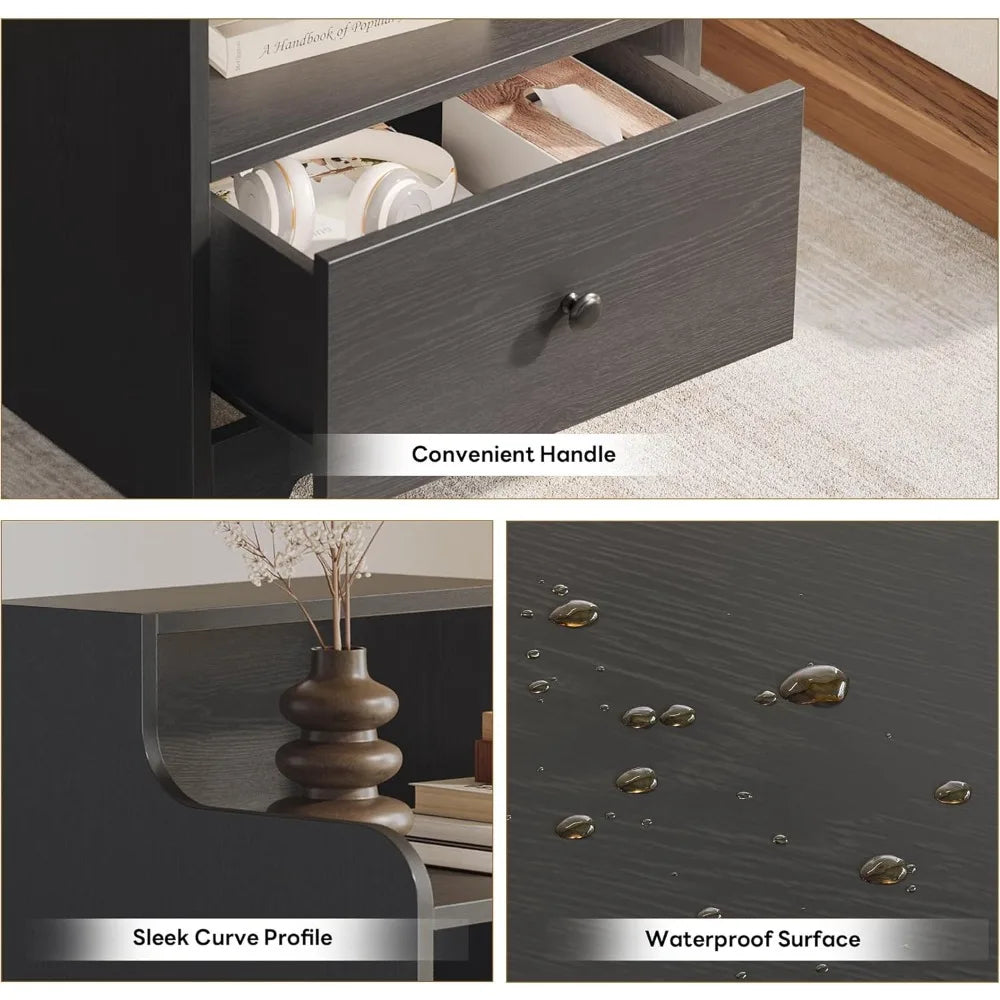 Nightstand with Drawer and Open Shelf, Bedside Table with Hutch, Modern End Table with Storage for Bedroom
