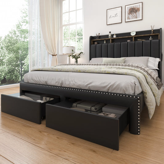 SIBEDS Queen LED Bed Frame with Storage Drawers, Upholstered Platform Bed with 2-Tier Wingback Headboard, No Box Spring Needed