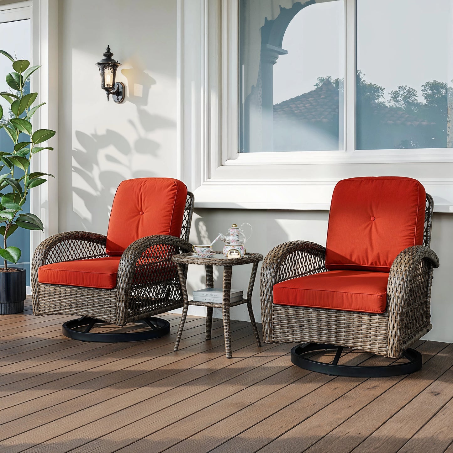 HOOMIC 3 Pieces Patio Furniture Set, Patio Bistro Set, Outdoor Rotating Rocking Chair Set, Cozy and Padded Cushions Alleiwe