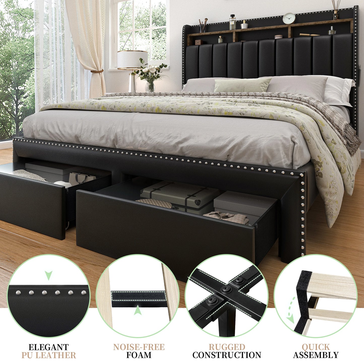 SIBEDS Queen LED Bed Frame with Storage Drawers, Upholstered Platform Bed with 2-Tier Wingback Headboard, No Box Spring Needed