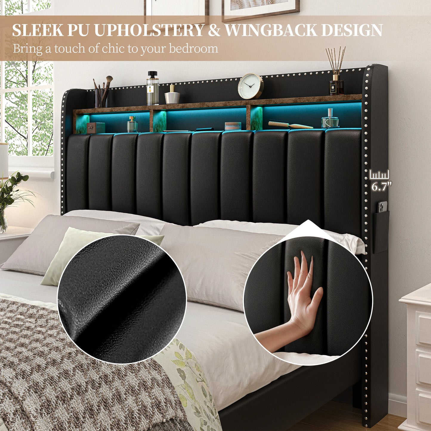 SIBEDS Queen LED Bed Frame with Storage Drawers, Upholstered Platform Bed with 2-Tier Wingback Headboard, No Box Spring Needed