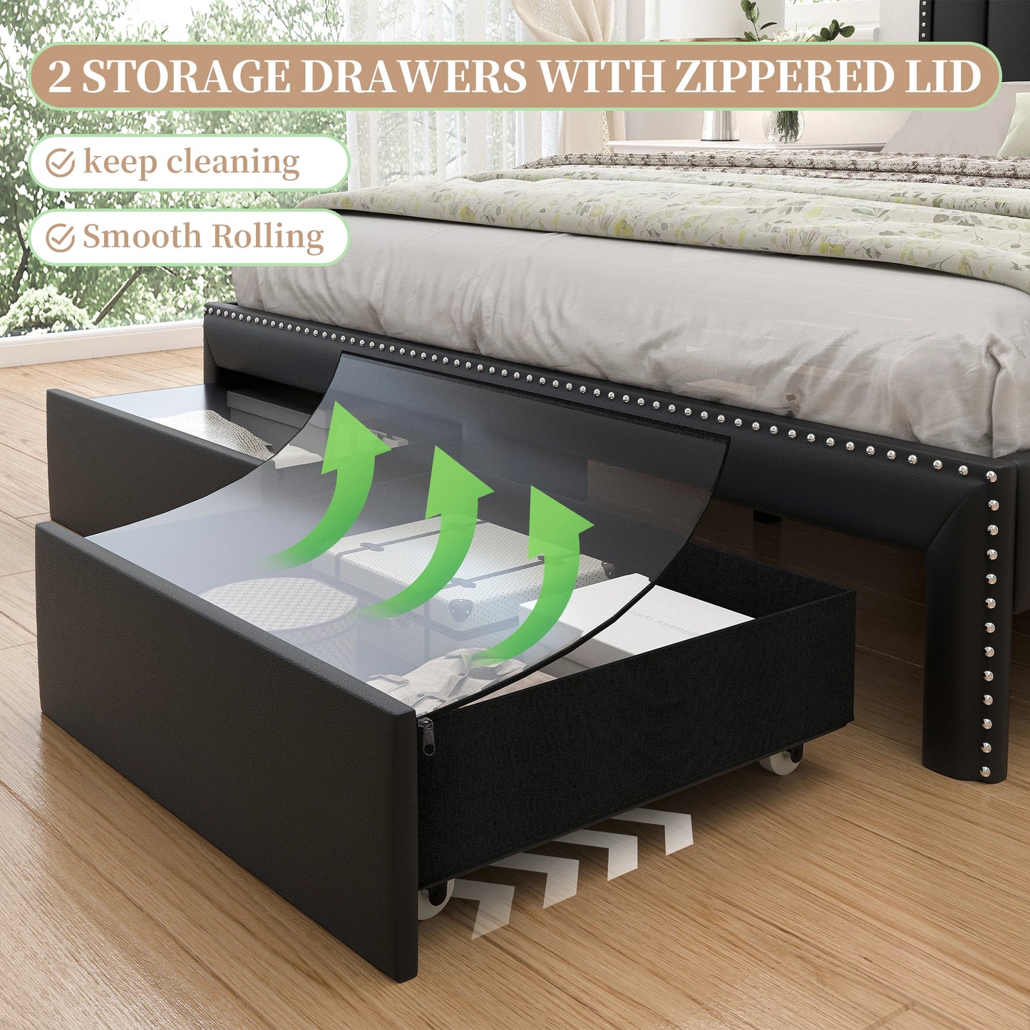 SIBEDS Queen LED Bed Frame with Storage Drawers, Upholstered Platform Bed with 2-Tier Wingback Headboard, No Box Spring Needed