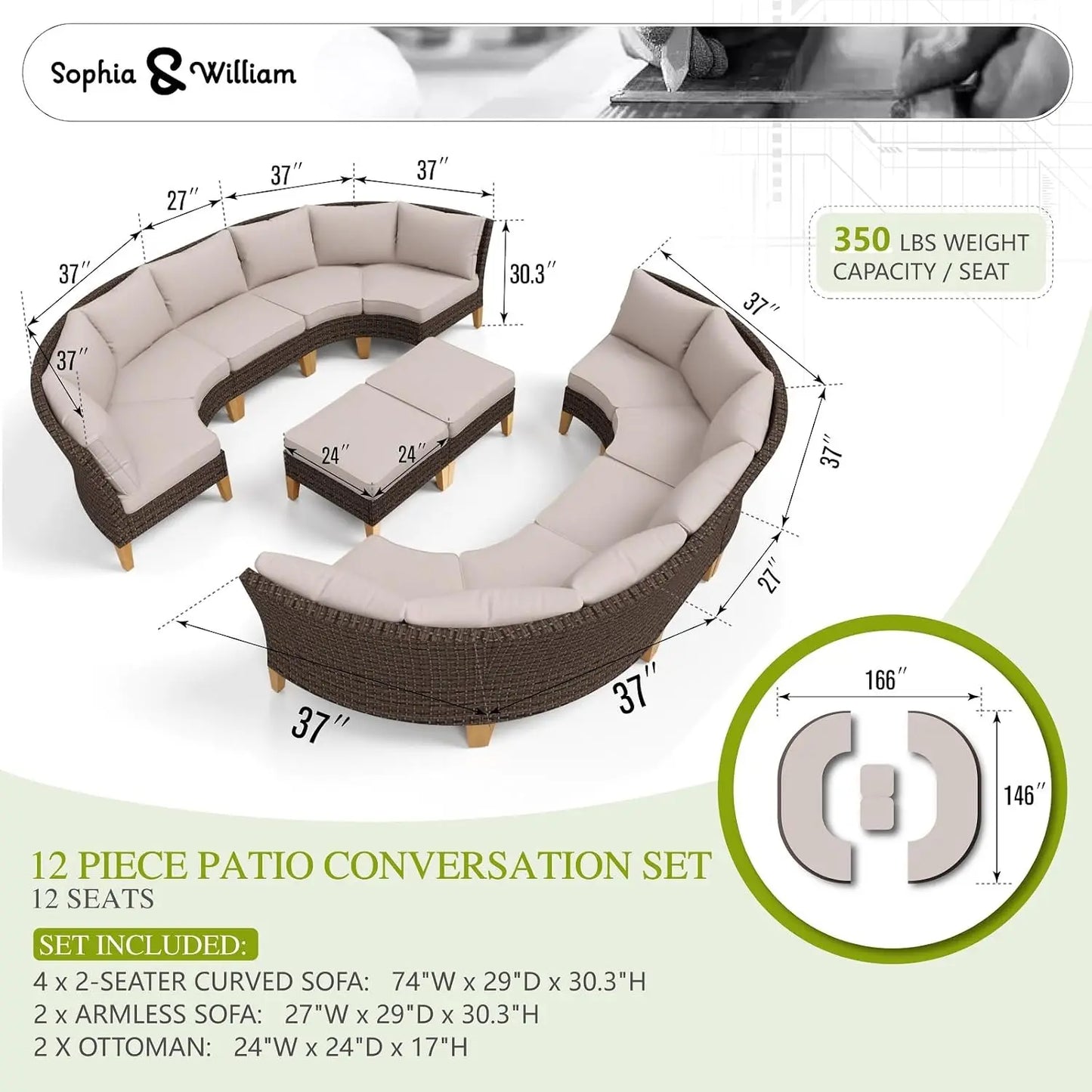 12 Piece Curved Outdoor Sectional Sofa Set Rattan Patio Conversation Set with 4 x Curved Sofa,2X Armless Sofa, 2 x Ottoman,Beige